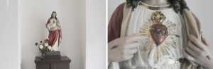 Dwa kadry przedstawiające figurę Pan Jezusa wskazującego na swe serce przepełnione miłością. Na pierwszym widoczna cała figura Zbawiciela a na drugie jest zbliżeniem na Jego Najświętsze Serce.